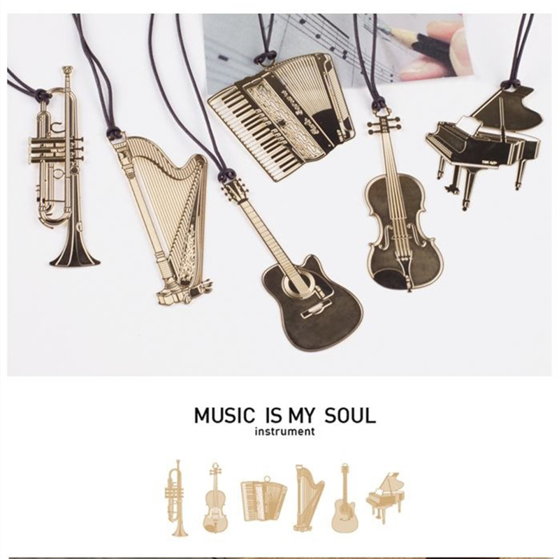 Musical Instrument Veena - 6Pcs Musik Bookmark Logam Warna Emas